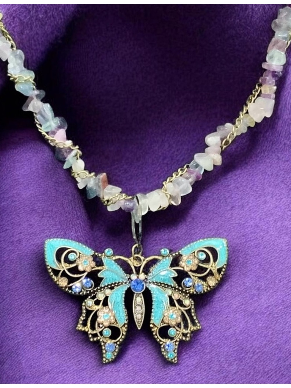 Turquoise, Gold, & Purple Butterfly Pendant Necklace. NWT